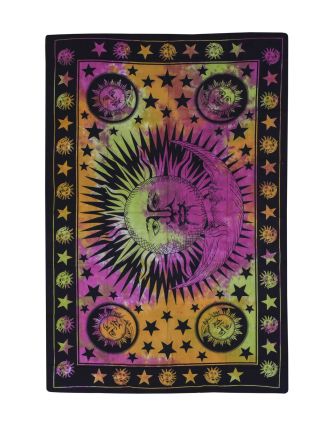 Prikrývka s tlačou, slnko a mesiac, farebná batika, 130x200 cm
