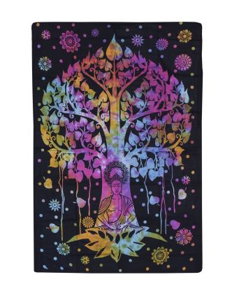 Prikrývka s tlačou, Budha a strom života, farebná batika, 130x200 cm