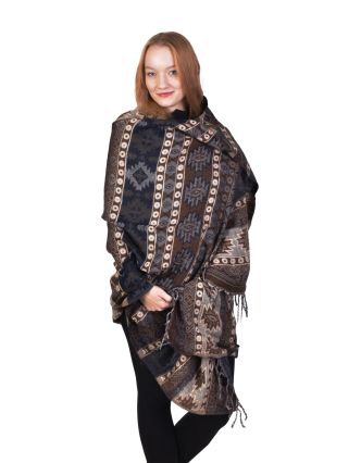 Veľký zimný šál so vzorom, tmavo hnedo-šedo-béžový, 200x100cm