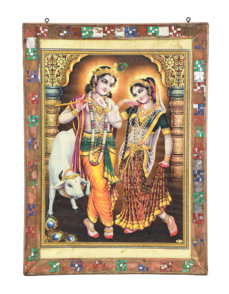 Starý obraz v teakovom ráme, Rádha a Krišna, 41x2x56cm