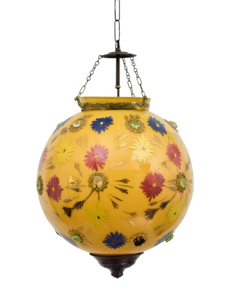 Oválna sklenená lampa zdobená farebnými kameňmi, žltá, 35x35x43cm