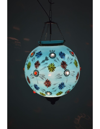 Oválna sklenená lampa zdobená farebnými kameňmi, modrá, 35x35x43cm