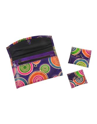 Peňaženka, sada 3ks (veľká + 2 malé) maľovaná koža, fialová so vzorom, 17,5x11cm