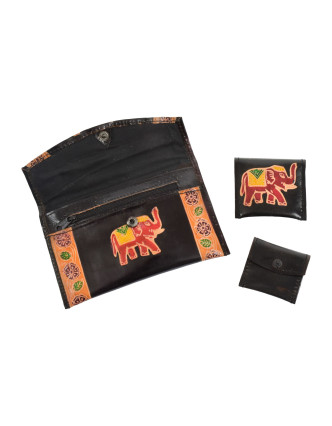 Peňaženka, sada 3ks (veľká + 2 malé) maľovaná koža, čierna so slonom, 17,5x11cm