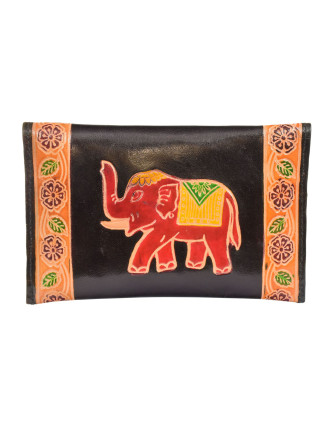 Peňaženka, sada 3ks (veľká + 2 malé) maľovaná koža, čierna so slonom, 17,5x11cm