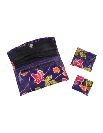 Peňaženka, sada 3ks (veľká+2 malé) maľovaná koža, fialová s kvetinami, 17,5x11cm