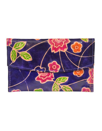 Peňaženka, sada 3ks (veľká+2 malé) maľovaná koža, fialová s kvetinami, 17,5x11cm