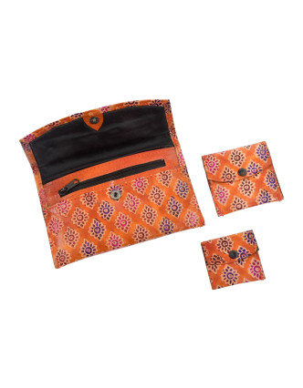 Peňaženka, sada 3ks (veľká + 2 malé) maľovaná koža, oranžová so vzorom, 17,5x11cm