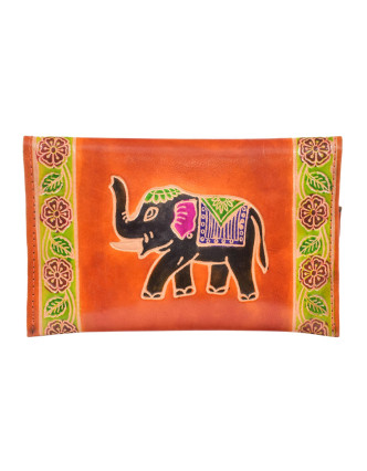 Peňaženka so slonom, sada 3ks (veľká+2 malé) maľovaná koža, oranžová, 17,5x11cm