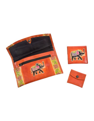 Peňaženka so slonom, sada 3ks (veľká+2 malé) maľovaná koža, oranžová, 17,5x11cm