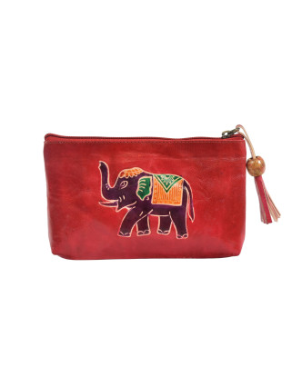 Neceser zapínaný na zips, červený, slon, ručne maľovaná koža, 18x11cm