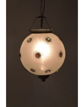 Oválna sklenená lampa zdobená farebnými kameňmi, biela, 35x35x43cm