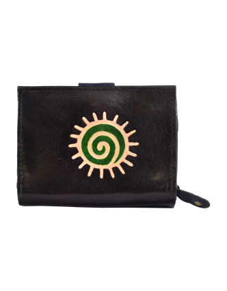Peňaženka zapínaná na patentku, čierna, slnečná špirála, maľovaná koža, 12x9cm