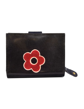 Peňaženka zapínaná na patentku, čierna, červená kvetina, maľovaná koža, 12x9cm