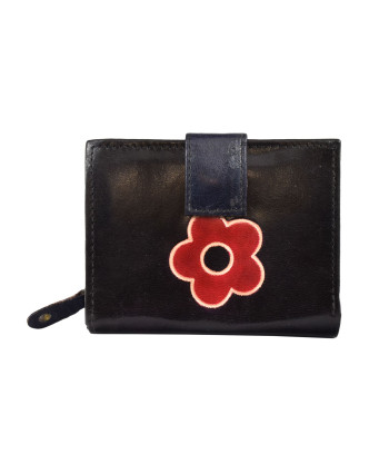 Peňaženka zapínaná na patentku, čierna, červená kvetina, maľovaná koža, 12x9cm