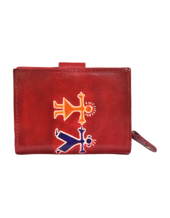 Peňaženka zapínaná na patentku, červená, postavičky, maľovaná koža, 12x9cm