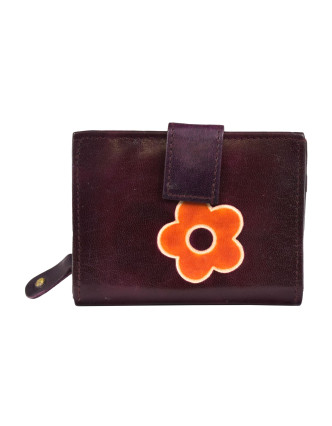 Peňaženka zapínaná na patentku, hnedá, oranžová kvetina, maľovaná koža, 12x9cm