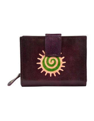 Peňaženka zapínaná na patentku, hnedá, slnečná špirála, maľovaná koža, 12x9cm