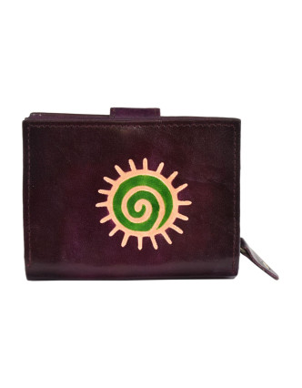 Peňaženka zapínaná na patentku, hnedá, slnečná špirála, maľovaná koža, 12x9cm
