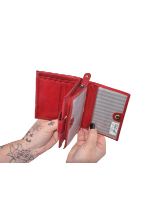 Peňaženka zapínaná na patentku, červená, fialová kvetina, maľovaná koža, 12x9cm