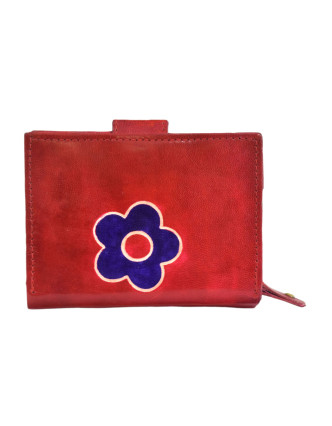 Peňaženka zapínaná na patentku, červená, fialová kvetina, maľovaná koža, 12x9cm