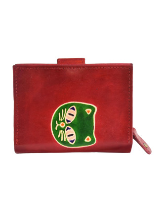 Peňaženka zapínaná na patentku, červená, zelená mačka, maľovaná koža, 12x9cm