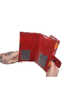 Peňaženka, farebné kolieska, maľovaná koža, červená, 9,5x19,5cm