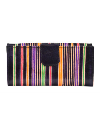 Peňaženka, čierna, farebné prúžky, maľovaná koža, 9,5x19,5cm