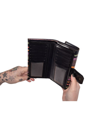 Peňaženka, čierna, farebné prúžky, maľovaná koža, 9,5x19,5cm