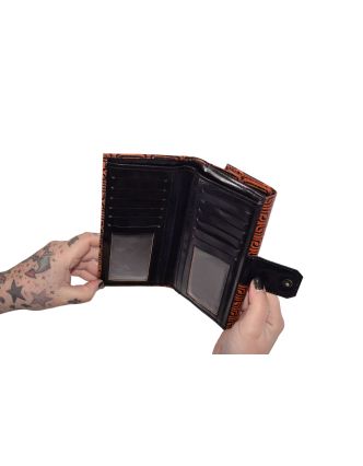 Peňaženka, hnedá, čierna vzorka, maľovaná koža, 9,5x19,5cm