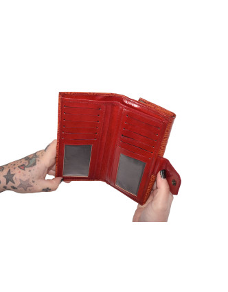 Peňaženka, oranžová, červená vzorka, maľovaná koža, 9,5x19,5cm