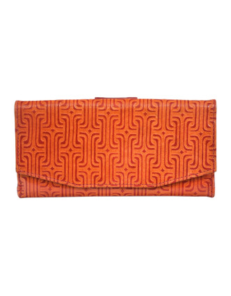 Peňaženka, oranžová, červená vzorka, maľovaná koža, 9,5x19,5cm