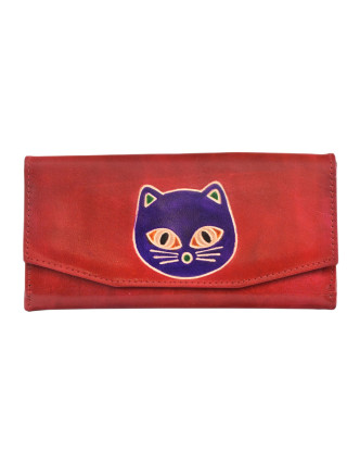 Peňaženka, červená, hlava mačky, maľovaná koža, 9,5x19,5cm