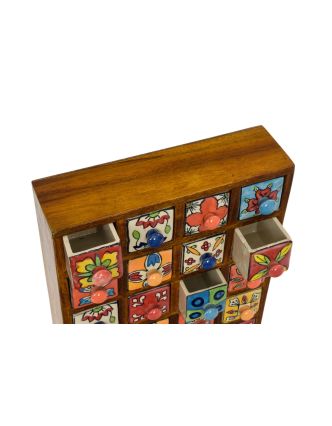 Drevená skrinka s 20 keramickými šuplíkmi, ručne maľovaná, 29x11x37cm