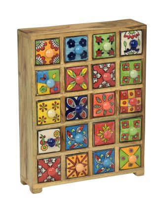 Drevená skrinka s 20 keramickými šuplíkmi, ručne maľovaná, 29x11x37cm