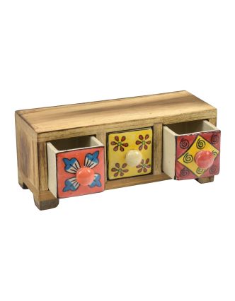 Drevená skrinka s 3 keramickými šuplíkmi, ručne maľovaná, 22x8x9cm