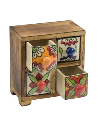 Drevená skrinka s 4 keramickými šuplíkmi, ručne maľovaná, 15x11x16cm