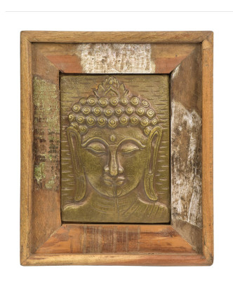 Obraz recyklovaného teakového dreva, relief Budhu z tepaného kovu, 23x4x29cm