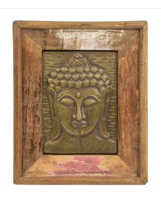 Obraz recyklovaného teakového dreva, relief Budhu z tepaného kovu, 23x4x29cm