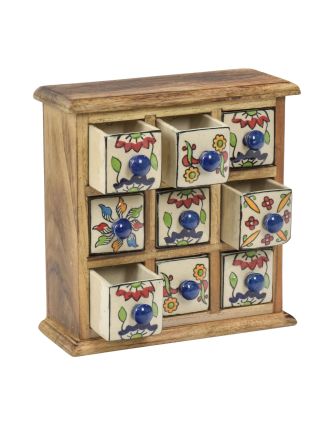 Drevená skrinka s 9 keramickými šuplíkmi, ručne maľovaná, 24x11x24cm