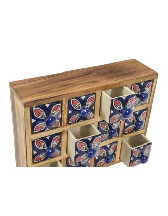 Drevená skrinka s 12 keramickými šuplíkmi, ručne maľovaná, 29x11x24cm