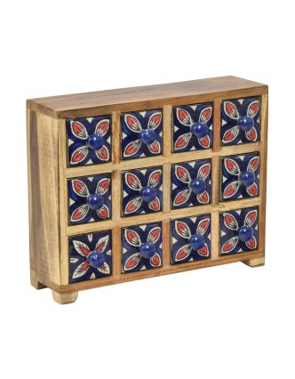 Drevená skrinka s 12 keramickými šuplíkmi, ručne maľovaná, 29x11x24cm