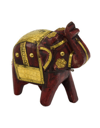 Drevený slon, ručne maľovaný, zdobený mosadzou, 12x4x11cm