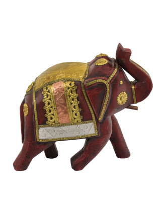 Drevený slon, ručne maľovaný, zdobený mosadzou, 26x10x20cm