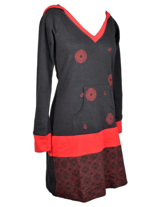 Mikinové šaty, dlhý rukáv, čierno-červené, kapucňa, vrecko