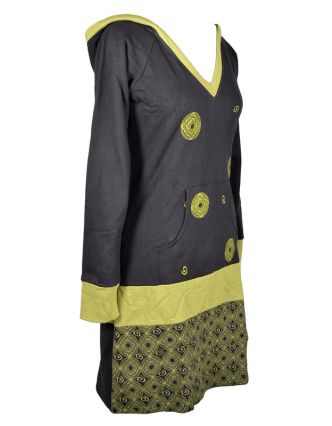 Mikinové šaty, dlhý rukáv, čierno-zelené s kapucňou, vreckom a potlačou