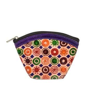 Peňaženka na drobné, fialové, farebné kolieska, ručne maľovaná koža, 11x9cm