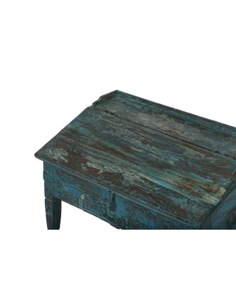 Starý kupecký stolík s odklápacou doskou, tyrkysová patina, 68x40x42cm