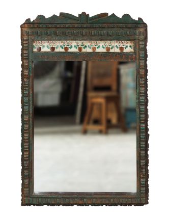 Zrkadlo v starom ráme z teakového dreva, keramické dlaždice, 73x6x110cm