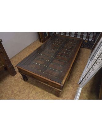 Konferenčný stolík zo starých dverí so sklom, mangové drevo, 169x90x45cm